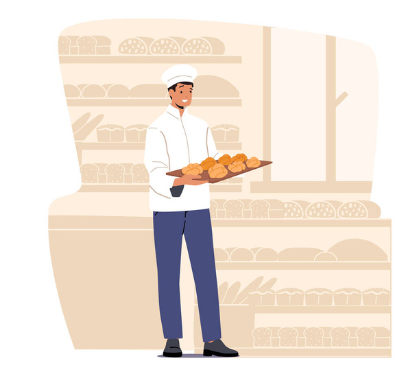 Βιομηχανία αρτοποιίας, ζαχαροπλαστικής και ψημένων τροφίμων Παραγωγή και κατασκευή. Man Chef Baker σε Αποστειρωμένη στολή και καπέλο Hold Tray - Διάνυσμα, εικόνα