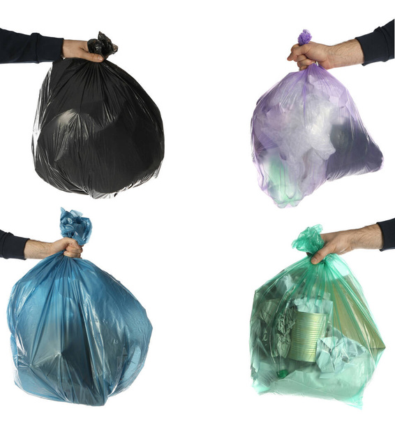 Collage with photos of men holding trash bags on white background, closeup - Foto, Bild