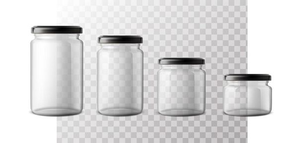 3d icono de vector realista. Conjunto de frascos de vidrio. Frasco transparente en diferentes tamaños con tapa de plástico. - Vector, imagen