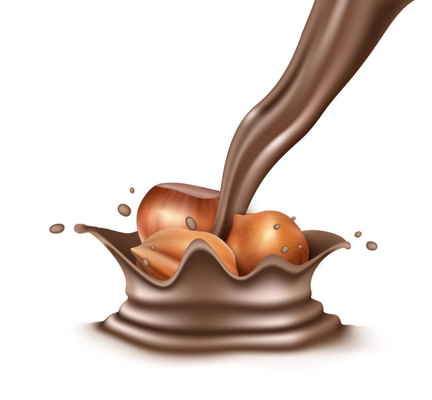 3d realistic vector icon. Chocolate spread splash with hazelnuts inside. Pouring liquid chocolate. Isolated on white background. - Vector, Image