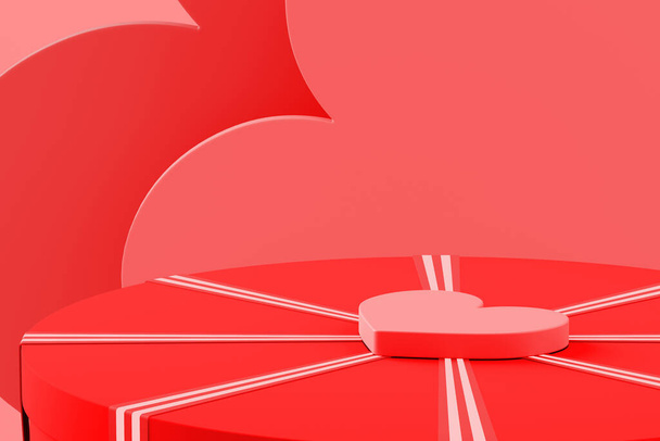 Escena de San Valentín de maqueta abstracta. la plataforma roja del corazón en la caja de regalo roja. renderizado 3d - Foto, Imagen