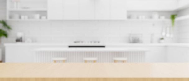 Wooden kitchen countertop with copy space for product display over blurred modern white kitchen background. 3d rendering, 3d illustration - Foto, Imagen