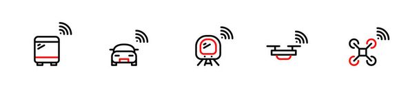 Internet of things. Smart modes of transportation icons. Bus, car, subway and drone with wireless connection. Pixel perfect, editable stroke icons - Vector, Image