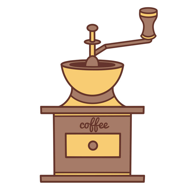 Retro manual café moedor vetor ícone. Ilustração colorida desenhada à mão isolada no fundo branco. Ferramenta de cozinha para moer grãos de café. Conceito plano para decoração, design de menu, café, bar, loja, web - Vetor, Imagem