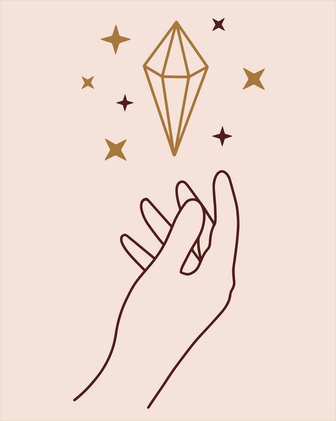 Sağ elinde sihirli bir kristal var. Gizemli mücevher parıldıyor, süzülüyor. Esrarengiz seanslar, okültizm, astroloji için Boho sembolü. Dekorasyon, kozmetik tasarımı, mücevher salonu, web için vektör simgesi - Vektör, Görsel