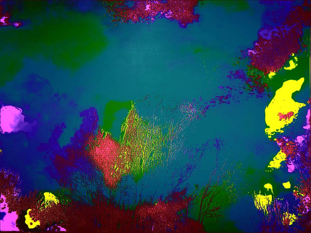 Área de agua. Una imagen digital que se asemeja a un cuerpo de agua sombreado azul-verde oscuro con pequeñas islas de colores que parecen pequeños mapas.  - Foto, Imagen