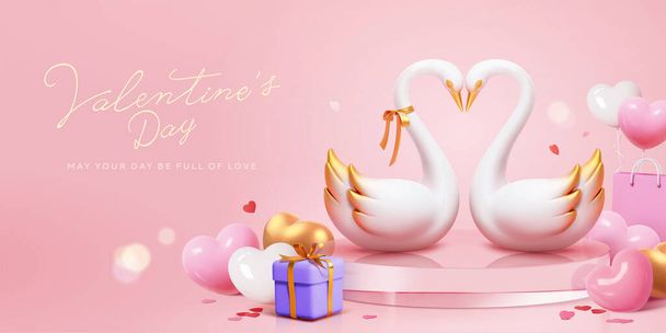 3d Valentine's Day sale promo banner. Swan couple on glass podium with confetti, gift box and heart shape balloons. Soulmate concept. - Vector, Image