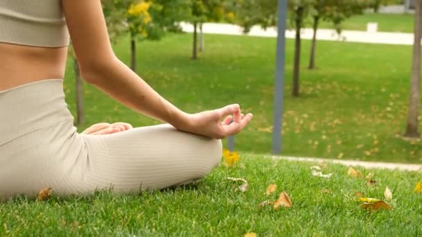 Una mujer hace yoga en el parque - Imágenes, Vídeo
