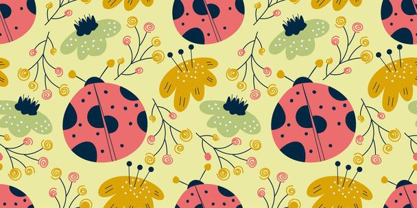 Seamless pattern ladybird and flower in scandinavian style. Nordic spring for kids textile. Summer floral scandinavian nursery print design. Ladybug with branch - Вектор, зображення