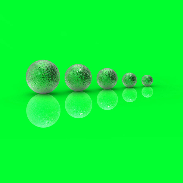 Five balls of metal of different sizes of Green color on Neon Green background. Growth of something. Progress. Reflection. Square image. 3D image. 3D rendering. - Fotografie, Obrázek