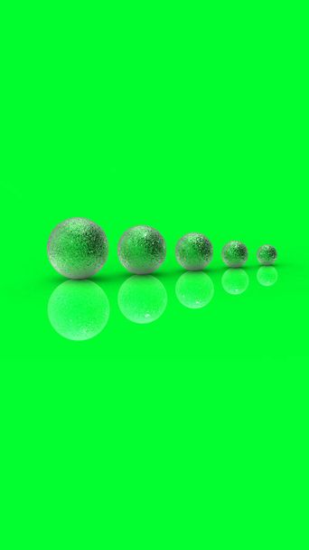 Cinco bolas de metal de diferentes tamaños de color verde sobre fondo verde neón. Crecimiento de algo. Progresos. Reflexión. Imagen vertical. Imagen 3D. Renderizado 3D. - Foto, imagen