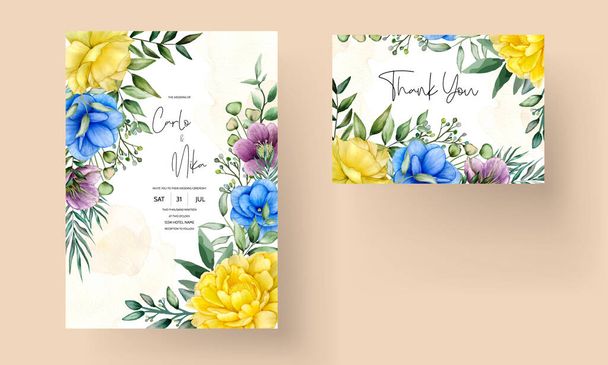 Floral wedding invitation template set with beautiful flowers and leaves decoration - Vettoriali, immagini