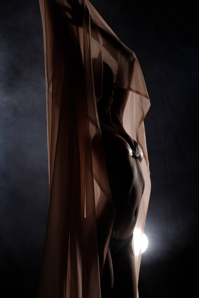 Retrato Ropa de baño de los años 20 Mujer asiática en sombra llave de luz baja con retroiluminación, vista trasera lateral del cuerpo giratorio femenino para un estilo de moda de forma saludable. exposición al humo de fondo negro - Foto, Imagen