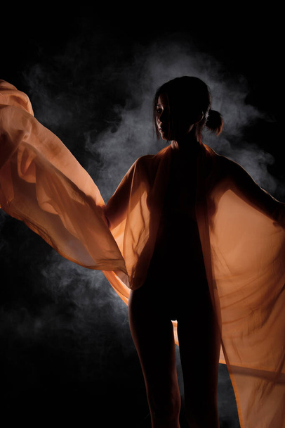 Portret Stroje kąpielowe 20s Asian Woman in shadow low light key with backlit, side view of female turn twist body for healthy shape fashion style. narażenie na dym w tle czarny - Zdjęcie, obraz