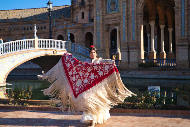 フラメンコダンサー、女性、ブルネット、そして美しい典型的なスペインのダンサーは、セヴィルの広場で赤いマニラショールで踊っています。人間の文化遺産のフラメンコの概念. - 写真・画像