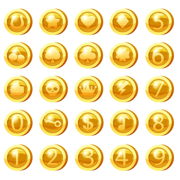 Set of Golden Coins for game apps. Gold icons star, heart, numbers, clubs hearts, tambourine, spades, clover leaf, scull,crown, bolt, cherry, key symbols game UI, gaming gambling. Vector illustration - Vektori, kuva
