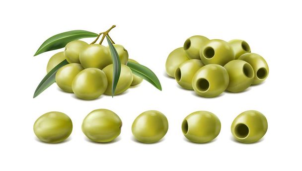 3d realistic vector icon set. Green olives. Isolated on white background. - Vector, Image
