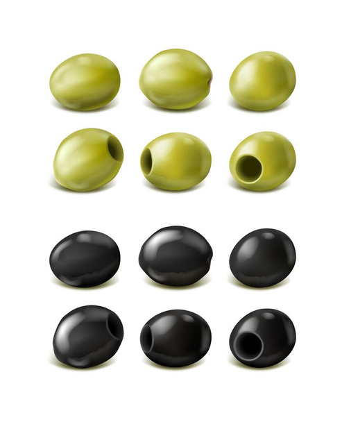 3D realistische Vektorsymbole gesetzt. Grüne und schwarze Oliven. Isoliert auf weißem Hintergrund. - Vektor, Bild