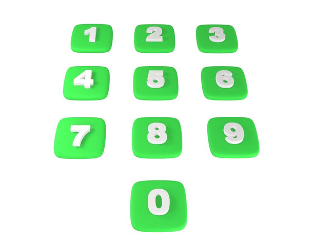 Zelená numerická klávesnice, 3D tlačítka, vyvýšené číslice, 3D grafická numerická klávesnice. Pěkně vypadající barva s podpovrchovým rozptylem. Bílé pozadí - Fotografie, Obrázek