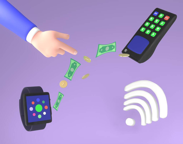 3D visualization of payment using Near Field Communication. Payment by smart watch. Money bridge. Future technologies. 3d render illustration - Photo, Image