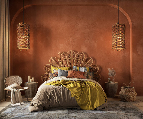 Orange boho style interior with armchair, dresser and decor. 3d render illustration mockup. - 写真・画像
