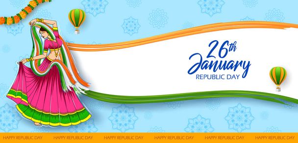 Illustration der indischen Tänzerin tricolor Hintergrund zeigt seine unglaubliche Kultur und Vielfalt am 26. Januar Tag der Republik Indien - Vektor, Bild