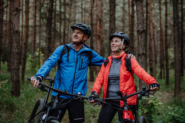 Senior couple bikers with e-bikes admiring nature outdoors in forest in autumn day. - Foto, Bild