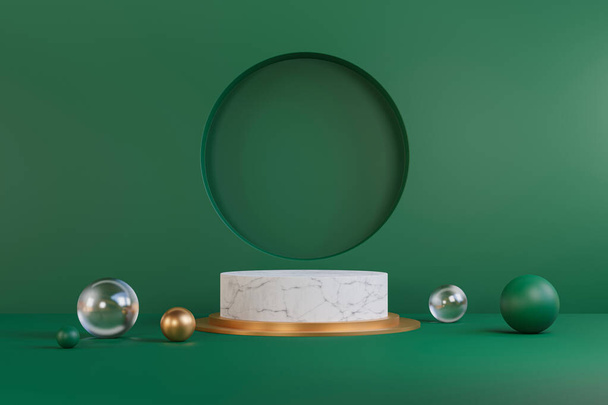 Mínimo pódio de mármore no fundo de cor verde, Display para perfume cosmético moda produto natural, design limpo simples, luxo minimalista mockup - ilustração 3D - Foto, Imagem