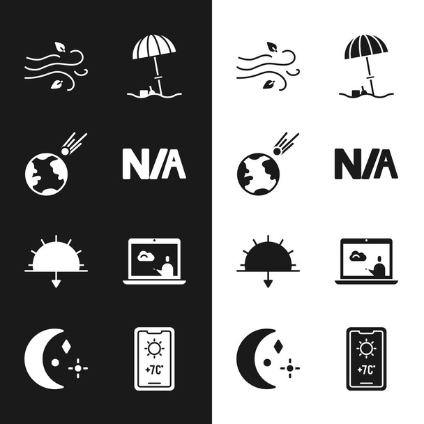 Set Not applicable, Comet falling down fast, Wind, Sun protective umbrella for beach, Sunset, Weather forecast, and Moon and stars icon. Vector - Vettoriali, immagini