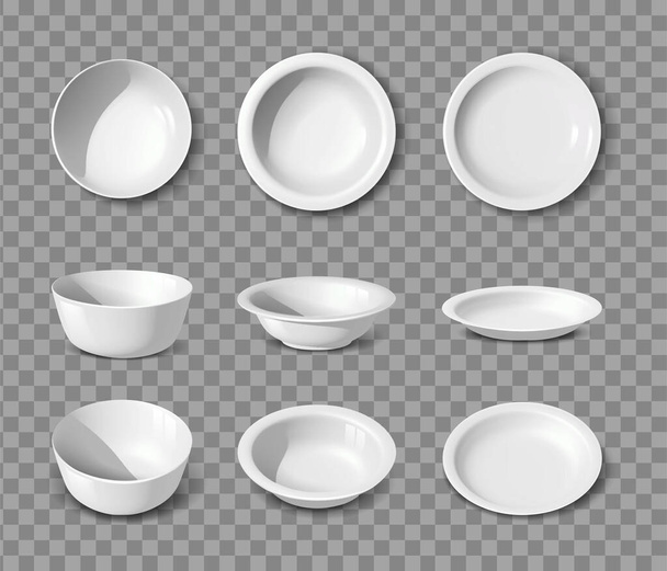 3d reális vektorgyűjtemény. Fehér porcelán készlet ételekből, tányérokból és tálakból oldal-, elöl- és felülnézetből. - Vektor, kép