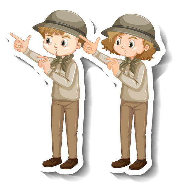 Paar Kinder tragen Safari-Outfit Cartoon-Charakter Aufkleber Illustration - Vektor, Bild