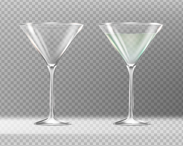 3Dリアルなベクトルアイコン。マティーニグラス2杯セット。空っぽで満杯だ。透明な背景に隔離された. - ベクター画像