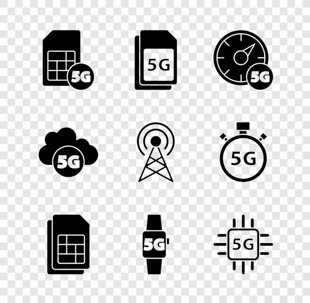 Definir cartão SIM 5G, medidor de velocidade digital, cartão, rede de relógio inteligente, processador, nuvem e ícone de antena. Vetor - Vetor, Imagem