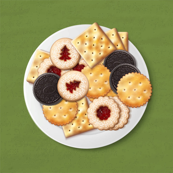Vector realistic illustration. Different types of cookies on the plate. Crackers, chocolate cookies, linzer cookie. - Vector, Image