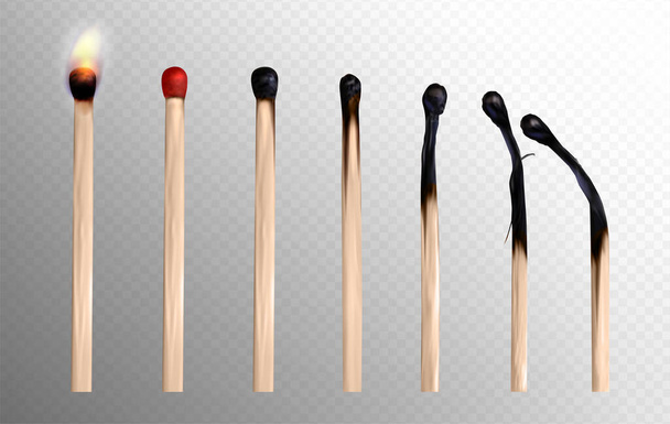 Realistic whole and burnt wooden matchsticks from fire - Vector, Image