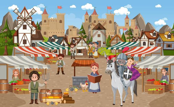 Μεσαιωνική πόλη σκηνή με τους χωρικούς στην απεικόνιση της αγοράς - Διάνυσμα, εικόνα