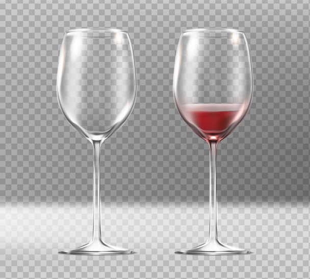 3D gerçekçi vektör simgesi. İki kadeh ve kırmızı şarap seti. Boş ve dolu. Şeffaf arkaplanda izole. - Vektör, Görsel