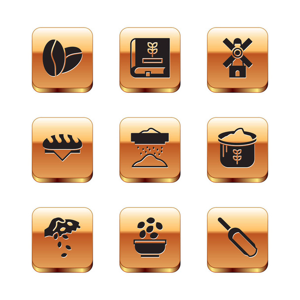 Set Coffee beans, Seed, Seeds in bowl, Sifting flour, Bread loaf, Windmill, Scoop and Book about seeds icon. Vector - Vector, imagen