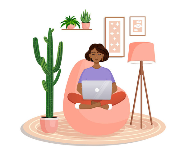 A nő otthon ül egy babzsák széken egy laptopnál. Távmunka, otthon iroda, programozás, szabadúszó. Tanulj otthon a karanténban. Vektor illusztráció. Hangulatos belső - Vektor, kép