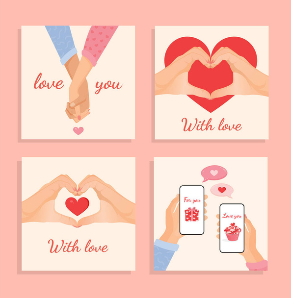 Conjunto de ilustraciones románticas para tarjetas, póster, banner, internet, redes sociales. Colección de diseño vectorial con manos, gestos, chat en línea para el día de San Valentín. Amor, familia, amistad - Vector, imagen