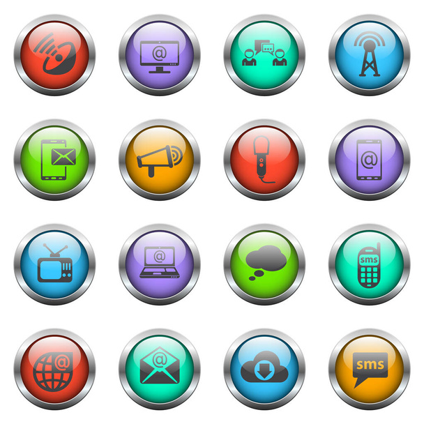 ícones vetoriais de comunicação em botões de vidro de cor - Vetor, Imagem