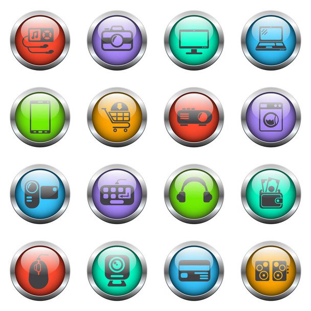 iconos de vectores de supermercados electrónicos en botones de vidrio de color - Vector, imagen