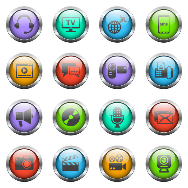 media vector icons on color glass buttons - Vektör, Görsel