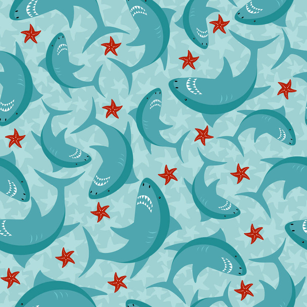 Tiburón vector con ilustraciones de garabatos dibujados a mano de estrellas de mar. Patrón sin costura - Vector, imagen