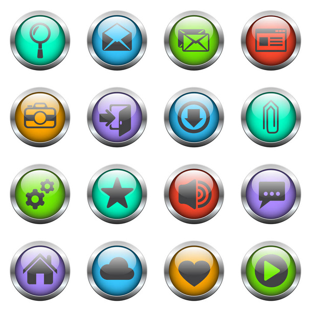 ícones de vetor de interface de usuário em botões de vidro de cor - Vetor, Imagem