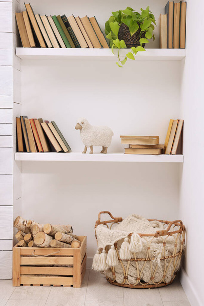 Collection of books and decor elements on shelves indoors. Interior design - Fotografie, Obrázek
