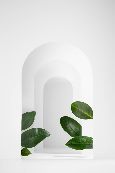 Spring stage mockup for presentation cosmetic product, goods, design, advertising with  white arches, green tropical leaves in sun light with shadow in soft light elegant gentle fresh style, vertical. - Foto, afbeelding