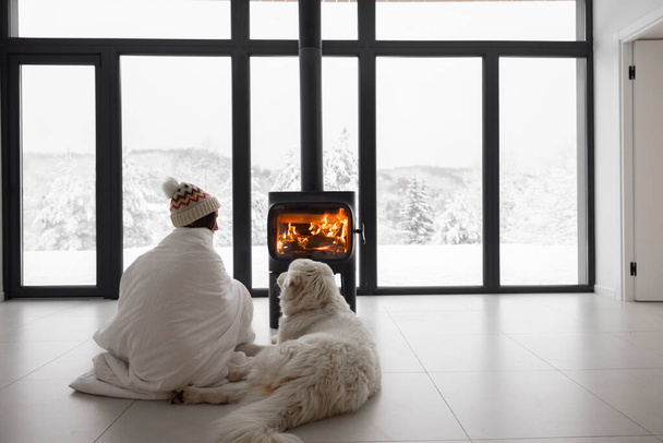Жінка з собакою вдома з палаючим каміном в зимовий час
 - Фото, зображення