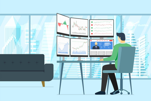 株式市場財務チャート、図表やグラフを持つ複数のコンピュータ画面を見てオフィスの男性トレーダー。ビジネス指標分析の概念。男性ブローカー交換ベクトルイラスト - ベクター画像