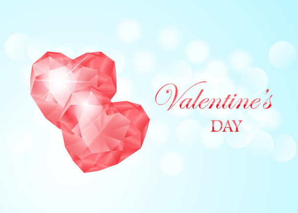 Happy Valentines day vector greeting card. Pink gem heart on blue bokeh background. Holiday poster with diamonds, jewels. Concept for Valentines banner, flyer, party invitation, jewelry gift shop. - Vektori, kuva